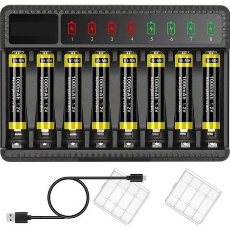 Chargeur intelligent de piles NiMH AA/AAA - 8 emplacements DC5V sortie 620 mA (1/4)