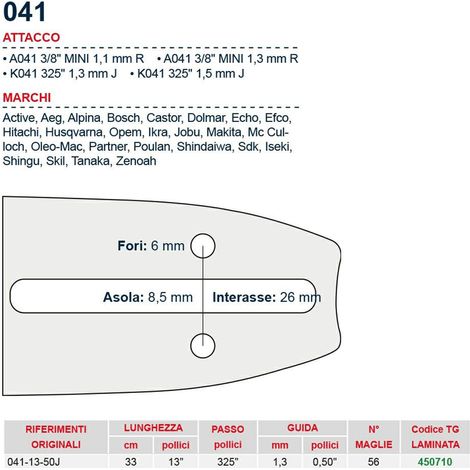 Barra motosega 33 cm - 13" passo .325" Spessore 1.3 mm - .050" attacco 041 - 450710