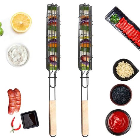 2 Pcs Panier à Grillades pour Légumes, Panier de Grillage Enroulable, Panier à Grillades, Accessoires Barbecue, Panier à Grillades à Long Manch, Panier à Saucisse pour Légumes en Vrac, Fruits, Viande (1/5)