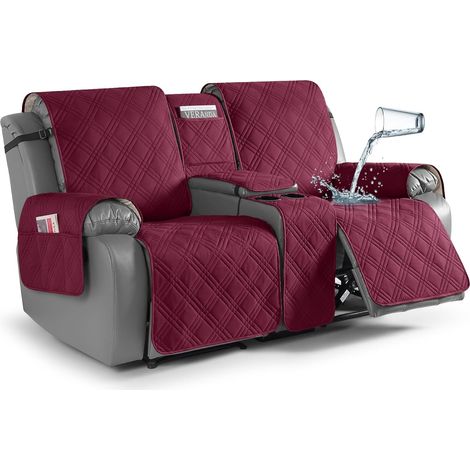Couverture imperméable Loveseat avec console, Couverture anti-dérapage Loveseat avec console avec poche, Couverture de canapé couchant séparé Protecteur de meubles, 2 places, vin rouge (1/5)