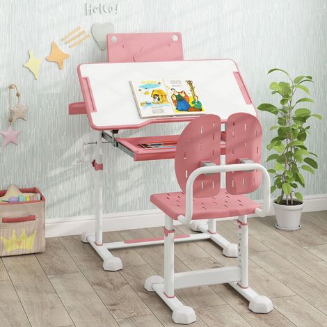 Ensemble de Bureau et Chaise pour Enfant Bureau d'Étude Réglable en Hauteur avec Plateau Inclinable Support de Livre Rose (1/2)