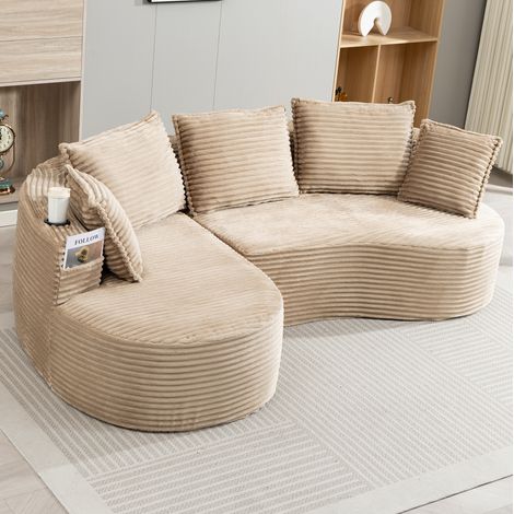 Canapé 250x152x82 cm kaki en corduroy avec porte-gobelets, poche latérale et coussin (1/5)