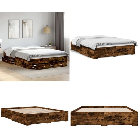 Cadre de lit avec tiroirs sans matelas chêne fumé 160x200 cm - Lit Double - Cadre De Lit - Meuble De Chambre - Rangement Sous Lit - Tiroir De Lit - Home & Living (1/5)