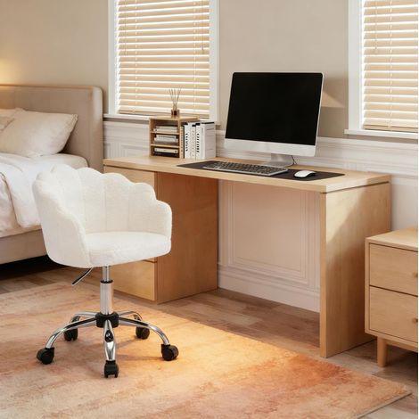 Silla de oficina de tela efecto cachemir blanco crema, altura regulable con pistón de gas, con ruedas, 37,5x55x81,5 cm (1/5)