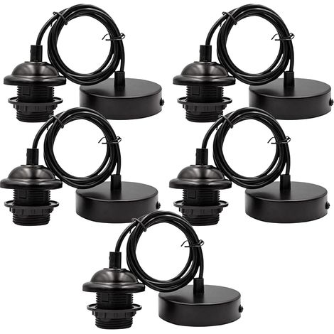Suspension Lampe E27 - Lot de 5 - Métal et PVC - Câble Réglable 100 cm - Pour Cuisine et Salon - Noir (1/5)