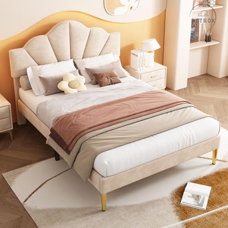 Lit Double Capitonné, 140x200cm, Tête de Lit Réglable en Hauteur, Sommier à Lattes en Bois,Velours Beige
