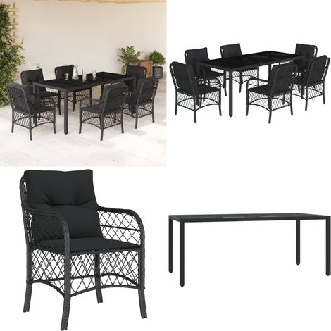 7-tlg. Garten-Essgruppe mit Kissen Schwarz Poly Rattan - Gartentisch - Esstisch - Gartenmöbelset - Outdoor Möbel - Gartenstuhl - Home & Living (1/5)