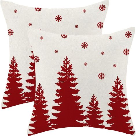 Weihnachtliche Kissenbezüge, 40 x 40 cm, zweiteiliges Set, weiß und rot, mit Weihnachtsbaum-/Schneeflockenmuster – winterliche Festtagsdekoration, geeignet für Sofas, Betten und den Außenbereich.