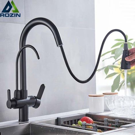 Robinet de cuisine noir avec purificateur d'air - Rotation à 360°, trois jets d'eau, douchette extractible (1/5)