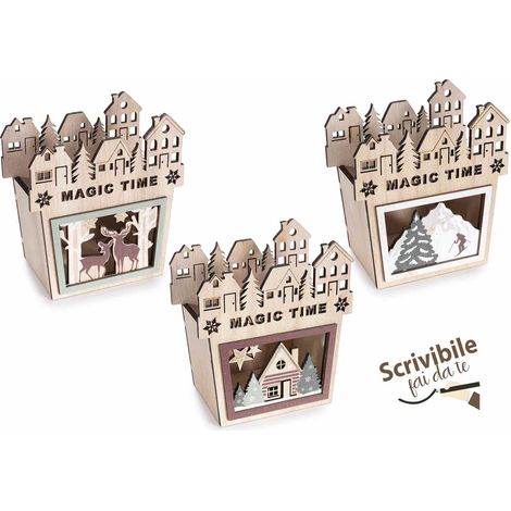 Cestini a contenitore di Natale in legno con intagli villaggio natalizio e scritta Magic Time, set da 6 pezzi, cm 13 x 8 x 14,5 H