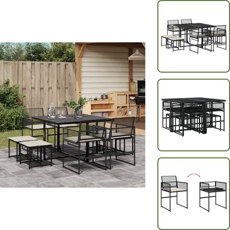 The Living Store Set da Pranzo da Giardino 9 pz con Cuscini Nero in Polyrattan - Tavolo da giardino