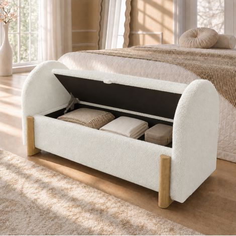 Bettbank mit Hydraulischem Stauraum 106 cm Weiß - Polsterbank Chenille Bouclé Stoff, Sitztruhe Truhenbank, Soft-Close, U-Form Beine aus Gummibaumholz, 150 kg Belastbarkeit, 106x47x61 cm (1/5)