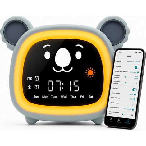 Réveil Enfant Éducatif avec Visage Jour/Nuit - Bluetooth - Musical & Son Naturel - Veilleuse LED Rechargeable - Application Mobile - Apprentissage du Sommeil avec Soleil/Lune