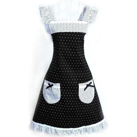 Tablier de cuisine décoratif pour femme, style princesse, à pois, avec 2 poches et nœud papillon. (1/3)
