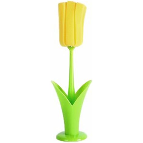 Éponge de nettoyage 2 pièces, brosse à long manche antidérapante pour tasses à café, bouteilles de vin et biberons, jaune (1/5)