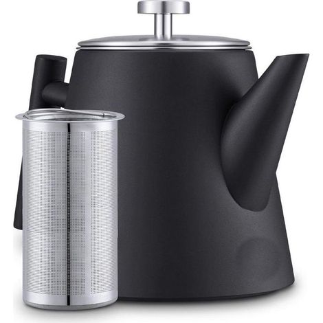 Théière 1,2 litre - Bouilloire isotherme - Théière en acier inoxydable avec filtre - Grande bouilloire - Bouilloire isotherme à double filtre - Noire (1/5)