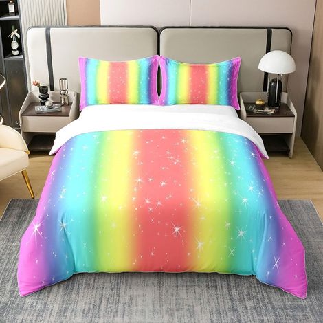 Paillettes Arc - en - Ciel 100% Coton Housse de Couette 140x200cm Pastel Parure de Lit Enfants garçons Filles Rayures colorées Literie Set Multicolore Ensemble de lit - 140 x 200 cm + 1 taie d'oreille (1/5)