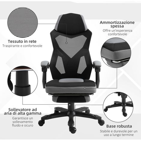 Fauteuil ergonomique gris, dossier inclinable, repose-pieds rétractable, hauteur ajustable pour bureau (1/5)