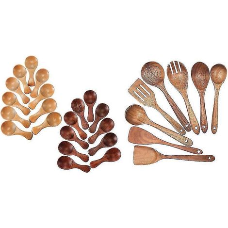 20 petites cuillères en bois pour le miel et 1 ensemble d'ustensiles de cuisine antiadhésifs, cuillères en bois. (1/4)