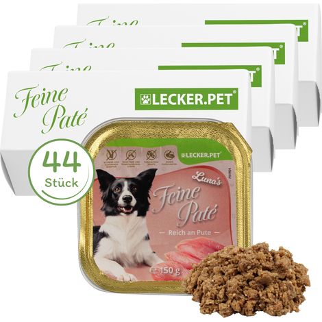 "translations":["text":"44 x 150 g Lecker.Pet® Luna's Feine Paté, riche en dinde, nourriture humide pour chiens, alimentation complète","detectedsourcelanguage":"DE","taghandlingversion":"v1 (1/5)