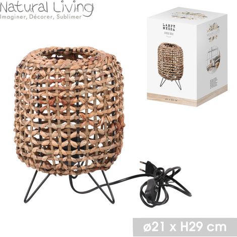 Lampe à poser "Nessa" en jacinthe d'eau métal - Beige/Noir - D 21 x H 29 cm - Livraison gratuite