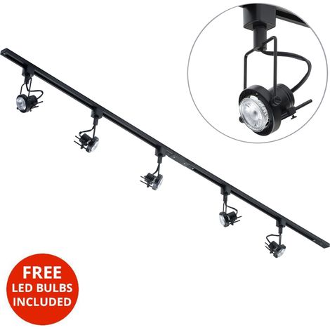 Litecraft 2M Kitchen Track Light With 5 Greenwich Fixture & LED Bulbs - Black