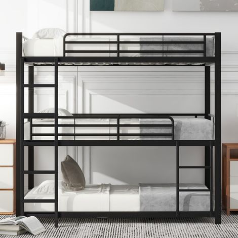 Lit Superposé-3 Places-Métal-Noir-Support 300kg-Barrière Sécurité-204x95x194cm-Échelle Incluse-Sans Matelas (1/5)
