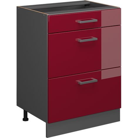 Küchenunterschrank R-Line, Bordeaux Hochglanz, 60 cm mit Schubladen, ohne Arbeitsplatte, Vicco
