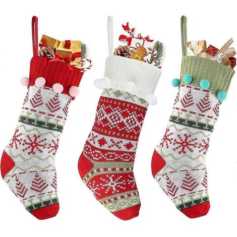 Ensemble de 3 bas de Noël tricotés, bottes de Père Noël à remplir, à suspendre à la cheminée, pour décorations de sapin de Noël, sacs cadeaux (1/5)