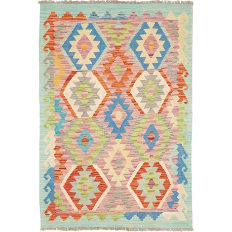 Tapis kilim 101 x 150 cm, motif ethnique, multicolore bleu et orange, en laine naturelle, tissé plat artisanal (1/5)