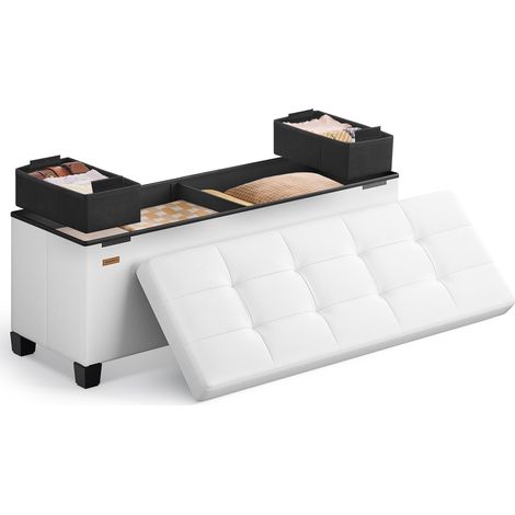 Banc de Rangement, Coffre avec Pieds, 38 x 110 x 40 cm, Pouf, Repose-Pieds, 112 L, PVC, pour Salon, Entrée, Blanc Nuage (1/5)