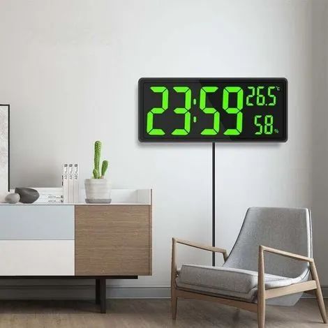 Horloge numérique grand écran, grande horloge murale numérique avec affichage de la température et de l'humidité, horloge murale numérique à chiffres LED verts