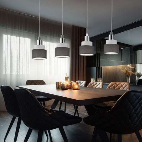 Lampada a sospensione Lampada a sospensione da tavolo da pranzo Lampada a sospensione a 4 fiamme, metallo cromato grigio tessuto, 4x E14, LxLxA 9x70x150cm, WOFI 11624