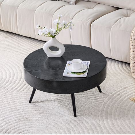 Table basse ronde 70x70x35,5 cm noire en MDF et métal avec pieds réglables (1/5)