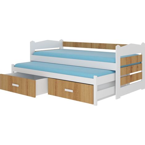 Lit gigogne blanc et bois artisan 2 couchages 90x200 avec 2 coffres de rangement Kuska (1/5)