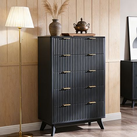 Commode chambre 5 Tiroirs Style Fluté 48" Haute, Commode bois avec Plateau Faux Marbre & Profil Courbé, Organisateur de Rangement pour Chambre, Salon, Couloir & Entrée - Panneau de Particules Gris Fon (1/5)