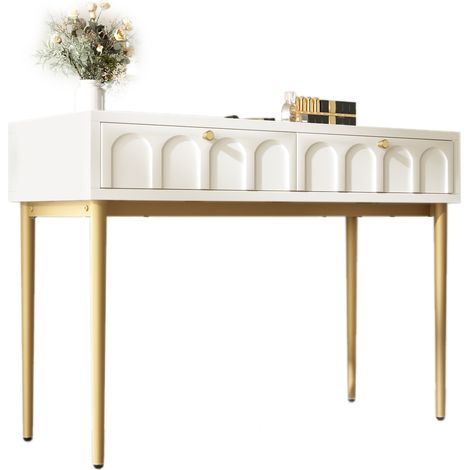 Coiffeuse avec 2 Tiroirs, Façades Galbées, pour Chambre, en Bois et Métal, 100 x 45 x 76.5 cm, Blanc Crème