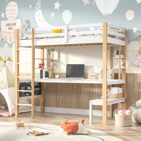 Superaly Lit mezzanine en bois massif avec bureau, cadre de lit double avec étagères de rangement, protection de sécurité et échelle, lit mezzanine avec support à lattes en bois (1/5)
