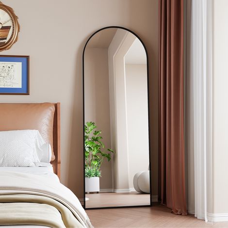 Miroir sur pied 162x53 cm - Grand miroir vertical pleine longueur avec cadre fin en alliage d'aluminium - Verre trempé - Noir