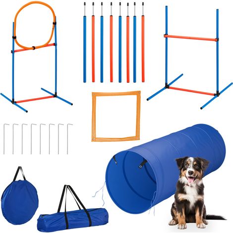 Relaxdays Agility Set, pour chiens, 76 pièces, haies ajustables, anneau de saut, sac de transport, bleu/orange (1/5)
