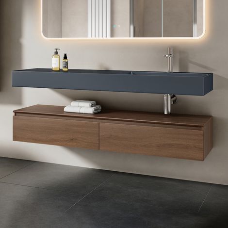 Mai & Mai Meuble de Salle de Bain Marron Ensemble de 2 Pièces Meuble avec Lavabo 150cm Meuble avec 2 Grands Tiroirs (1/5)