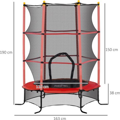 Trampoline enfant Ø163×190cm filet sécurité zipée, couvre-ressorts 6 poteaux rembourrés, rouge (1/3)