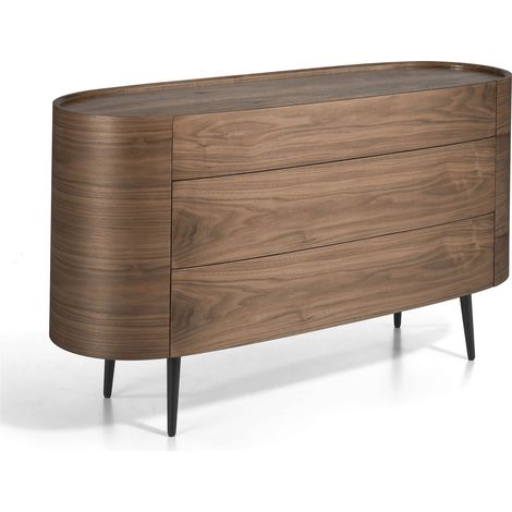Commode ovale bois avec 3 tiroirs cachés pieds acier peint époxy - Noyer, noir (1/4)