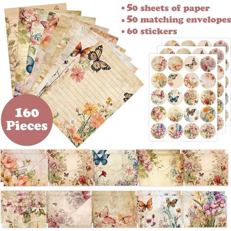 Ensemble de papeterie et enveloppes (160 pièces) : 10 motifs différents, 50 feuilles de papier recto, 50 enveloppes assorties, 50 M. (1/5)