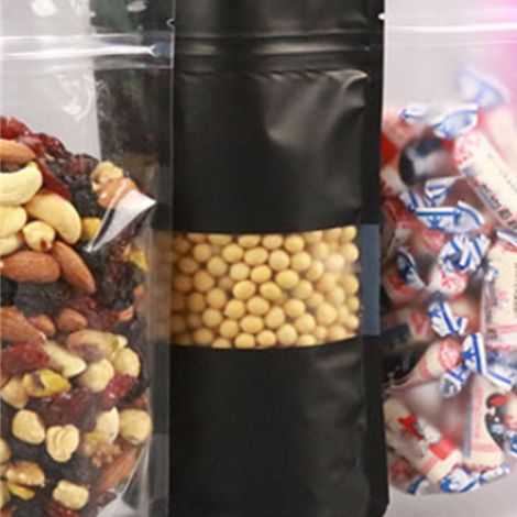 Schwarzer, mattierter, selbstverschließender Sichtfensterbeutel für Kekse, Kräutertees, Sonnenblumenkerne, Trockenfrüchte und Lebensmittelprobenverpackungen, 20 cm, 1015+3 cm. (1/5)