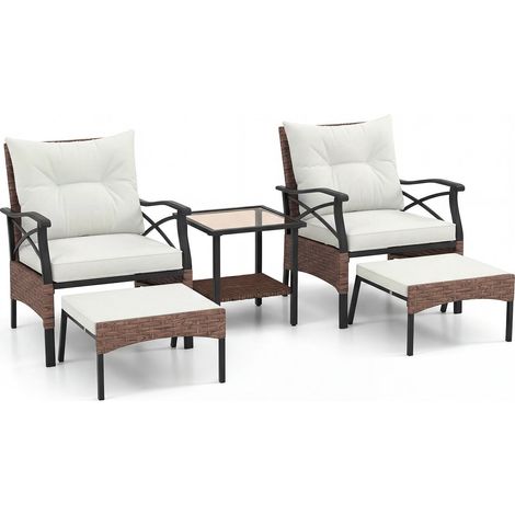 Ensemble de jardin 5 pièces en rotin avec poufs, beige