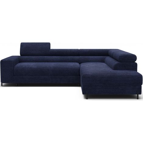 Canapé d'angle COLESIA convertible 5 places bleu foncé velours côtelé – droit – 274x200cm (1/5)