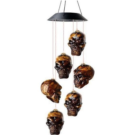 Carillon solaire à LED en forme de crâne et de squelette pour l'extérieur, idéal pour Halloween, porche, cour ou jardin. (1/5)