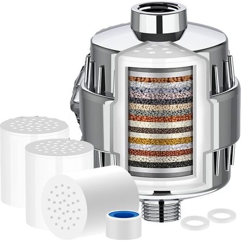 Lot de 3 filtres de douche universels à 20 niveaux + 1 filtre - Purificateur d'eau dure - Élimine les métaux lourds et autres sédiments (1/5)