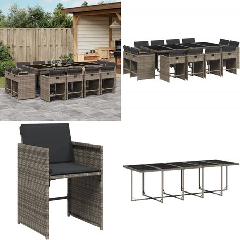 Set comedor de jardín con cojines 13 pzas ratán sintético gris - Sillas de jardín - Cojines para sillas